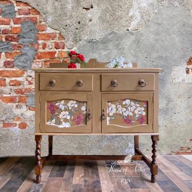 Jacobean Hand Painted French Country Design. Camel Colored Jacobean Style Server. Red &amp; White Floral. Tan Vintage Buffet Sideboard. Cottage. 