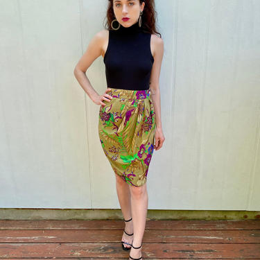 Vintage 90s Genny by Versace Silk Tropical floral print High waist Pleated Designer Mini skirt XS S Waist 24&quot;-25&quot; 