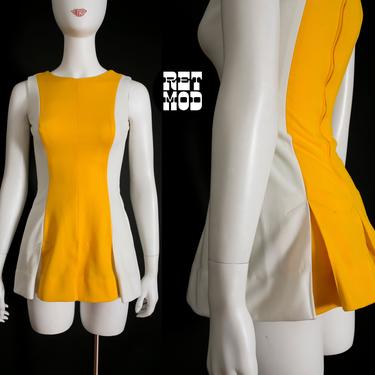 Iconic Vintage 60s 70s Yellow &amp; White Color Block Mini Cheerleader Dress 