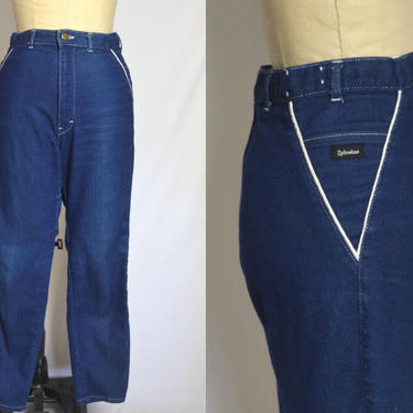 Vintage 1950s Splendor Dark Wash Western Cut Jeans, Vintage 60s, White Leather Trim, High Waisted Denim, Size M/L by Mo