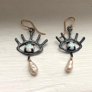 Opal Eye Earrings with Pearl Tears in Oxidized Black Sterling Silver 