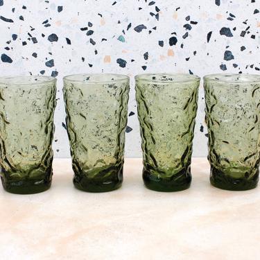 Vintage 1970s Avocado Green Juice Glasses - Bumpy Crinkle Texture Small Drinking Glasses Vintage Barware - Set/4 