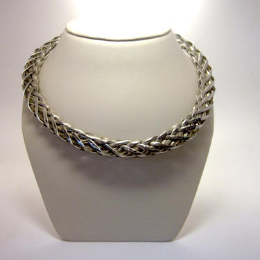 Vintage Modernist Sterling Silver Basketweave Statement Braided Textured Collar Necklace 