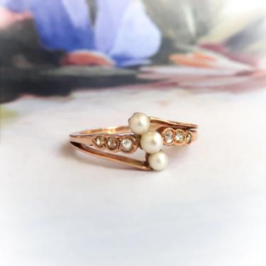 Antique Victorian Pearl Rose Cut Diamond Bypass 14K Gold Ring 