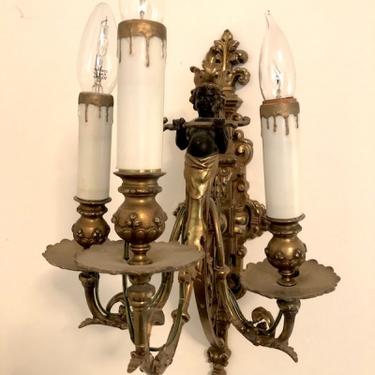 Pair French Empire Style Bronze Wall Sconces with Moor Cherub Electrified Circa 1880s ClodionStyle