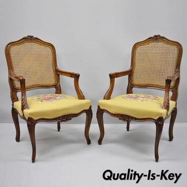 Pair of French Country Louis XV Style Cane Back Chairs Needlepoint Armchairs