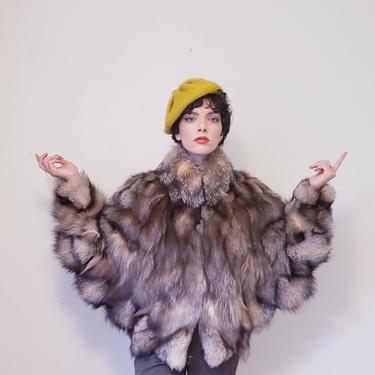 1980s Crystal Fox Fur Cocoon Style Jacket Olga Furs / Huge Batwing Dolman Sleeved Winter Caramel Brown Beige Fur Short Coat / Medium 