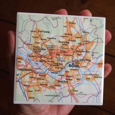 1992 Seoul South Korea Vintage Map Coaster - Ceramic Tile - Repurposed 1990s Oxford Atlas - Handmade - Asia - Korean 