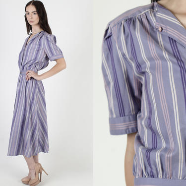 Vintage 80s Purple Striped Dress / Button Op Front / 1940s Inspired Full Skirt / Vertical Striped Pin Stripe Midi Maxi Dress 
