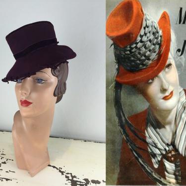 Her Daily Fashion - Vintage 1940s Burgundy Wine Wool Felt Military Hat Tilt Topper Stove Top Hat 