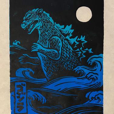 Godzilla At Sea Block Print 