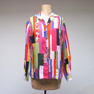 Vintage 1960s Color Block Silk Blouse, 60s Long Sleeve Bullock's Wilshire Abstract Patchwork Print Top, Medium 