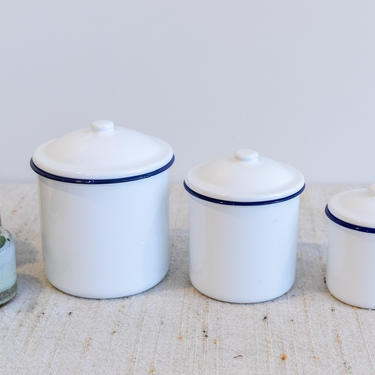 Set of 3 Vintage White Enamel Canisters with Navy Blue Stripe with Original Lids 
