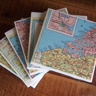 1957 Netherlands Belgium Luxembourg Vintage Map Coasters - Ceramic Tile Set of 6 - Repurposed 1950s Hammond Atlas - Handmade - Benelux 