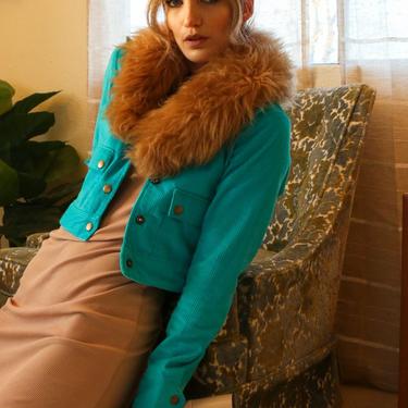 Custom Fur Collar Teal Corduroy Donna Suit Jacket Size XS