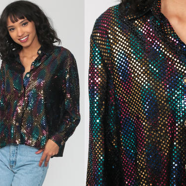 Rainbow Sequin Blouse Metallic Top 90s Disco Shirt Shiny Costume Button Up Bohemian Party Glam Trophy 80s Vintage Cocktail Small Medium 