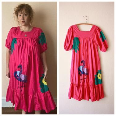 80s Hot Pink Cotton Muumuu Dress with Flamingo Applique Tropical One Size 