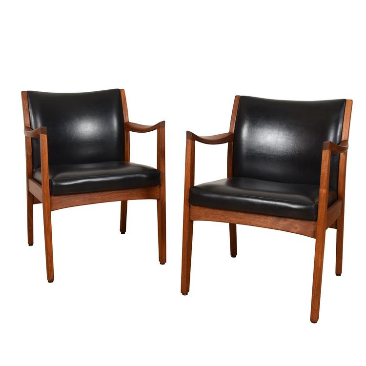 Pair Leather & Walnut Club / Accent Chairs