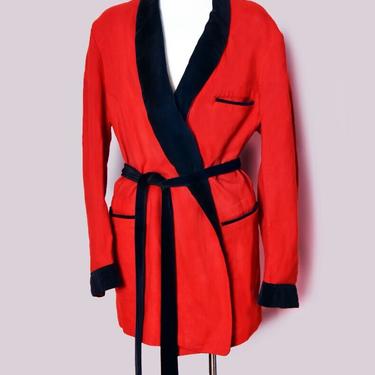 40's Red &amp; Black Mens Smoking Jacket, Vintage PENDLETON Wool Robe, Blazer, Black Velvet, 1950's, XL, Large Size, 1940's, 50's 