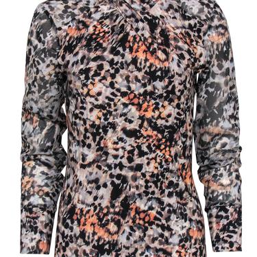 Karen Millen - Gray & Orange Leopard Speckled Mesh Sleeve Top Sz 8