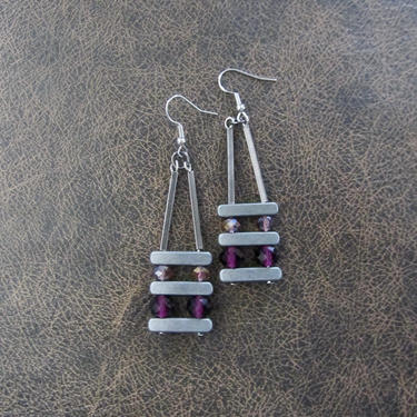 Purple crystal earrings, mid century modern earrings, Brutalist minimalist earrings, simple, unique artisan earrings, brushed silver earring 