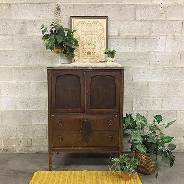 LOCAL PICKUP ONLY Antique Atlas Furniture Cabinet Retro 1920s Dark Brown Walnut Wood Armoire with Ornate Metal Hardware + Wheels + Drawers 
