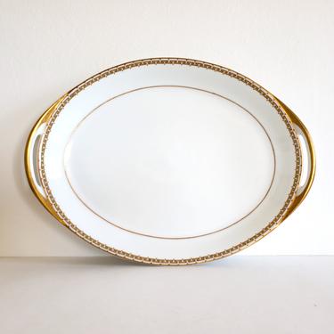 Antique Haviland &amp; Co. Oval Serving Plate, Large Vintage Limoges Platter with Gold Handles, Greek Key Pattern 