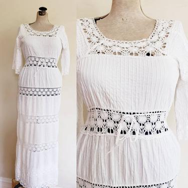 1970s Mexican Wedding Dress White Pintucked Cotton Lace / 70s Bell Sleeved White Maxi Summer Boho Dress Traditional / Med / Antonia 