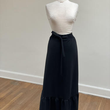 Vintage 1960s 1970s 60s Maxi Skirt Tiered Ruffle Hem Elastic Tie Waist Black Mod Prairie  Bohemian Boho Victorian 