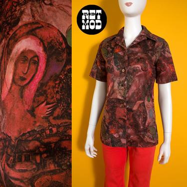 WOW Unique Vintage 70s Maroon Red Abstract Novelty Print with Ladies, Horses, Birds Pattern Short Sleeve Shirt 