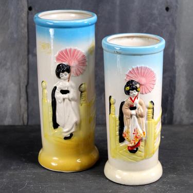Pair of Japanese Souvenir Mt. Fuji Ceramic Vases - Vintage Japan Souvenir 