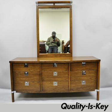 Vintage Mid Century Modern Walnut &amp; Chrome 9 Drawer Credenza Dresser w/ Mirror