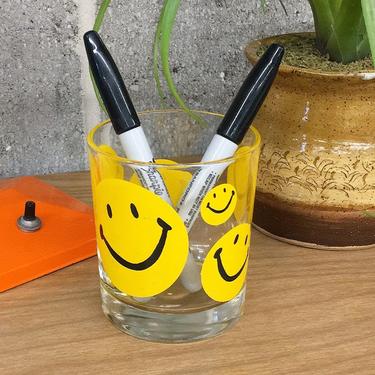 Vintage Smiley Face Glass Retro 1970s Mid Century Modern + Clear Glass + Yellow and Black Vinyl + Happy + Drinking Glass + Kitchen or Desk 