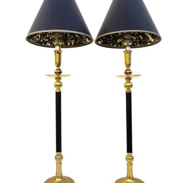 Pair of Vintage Black &amp; Gold Buffet Lamps w/ Shades || Brass Black Metal Tall Slender Accent Lamps | Chic Mid-Century Lighting 
