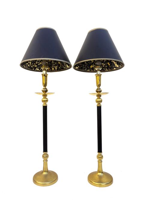 Pair Of Vintage Black Gold Buffet Lamps W Shades Brass Black