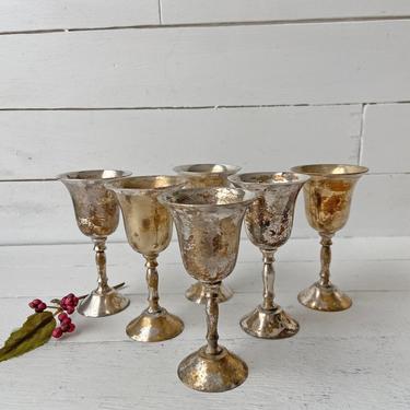 Vintage Mini Silver On Copper Goblet, Set of 7 // Silver Wine Glasses, Silver Champagne Glasses // Perfect Gift 