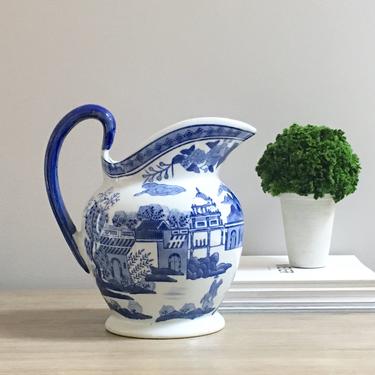 Chinese Blue White Ceramic Pitcher Large Decorative Blue Canton Pitcher Vase Chinoiserie Decor 