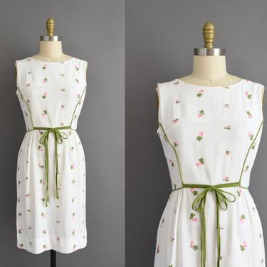 1950s vintage dress | Adorable White Cotton Pink Floral Summer Wiggle Dress | Small | 50s dress 