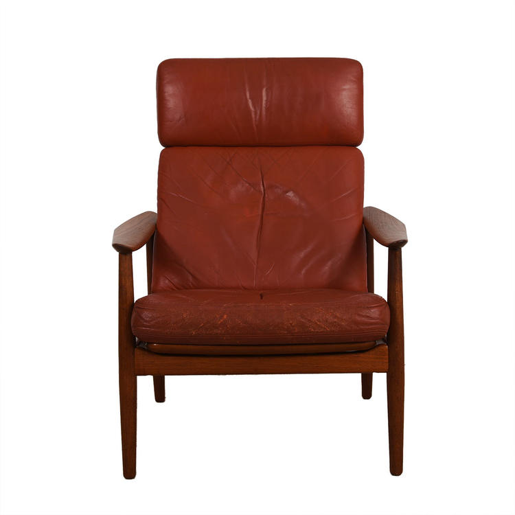 Danish Modern Teak Lounge Chair w / Blood Orange Leather Cushion