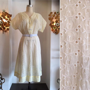 1950s summer dress, vintage 50s dress, yellow eyelet dress, size large, sheer 50s dress, 33 waist, 1940s dress 