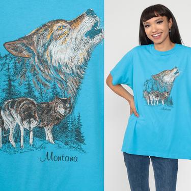 Montana Wolf T Shirt Blue Wildlife Shirt Animal T Shirt 90s Graphic Tshirt Wildlife Screen Print 1990s Screenprint Retro Extra Large xl l 