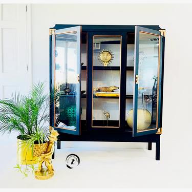 Mid Century Modern Vintage display with glass doors/up cycled hutch top /eclectic display/Storage light Cabinet. Colorful Entryway Cabinet. 