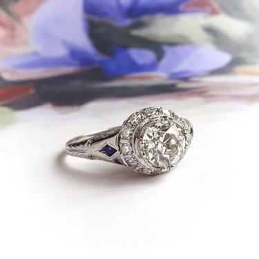 Art Deco Diamond with Two Lab Sapphires Engagement Ring Platinum 