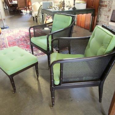 PAIR OF BLACK/BROWN CANED BAMBOO STYLE ARM CHAIRS PLUS OTTOMAN