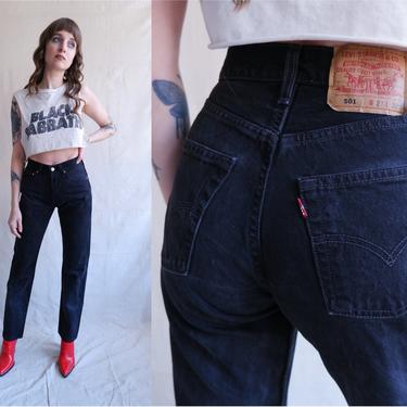 Vintage Black Levi 501 Denim/ High Waisted Button Fly Straight Leg Jeans/Made in USA/ Size XS 24 25 