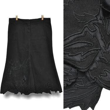 Vintage Roberto Cavalli Black Jean Midi Skirt Size 8/10 Mid Calf Stretch Denim 