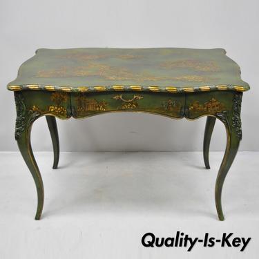 Maitland Smith Green Hand Painted Chinoiserie French Louis XV Style Desk