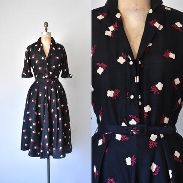 Bettie silk 50s dress, 1950s shirtwaist dress, novelty print, floral, plus size dress 