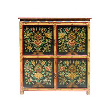 Chinese Tibetan Treasure Color Flower Graphic Credenza Storage Cabinet cs5804E 