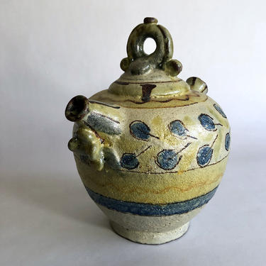 Vintage Studio Pottery Olla, Double Spouted Pitcher, Stoneware Jug, Wedding Vase - Handmade, Hand Painted, Navy Green Folk Art, Tree of Life 